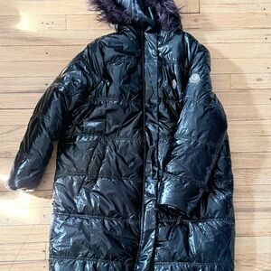 Moncler Black Shiny Quilted Long Puffer Coat with Fur Trim Hood